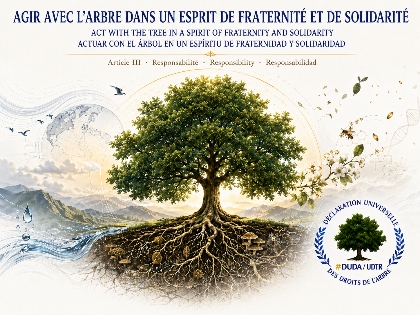 Affiche trilingue de l’article III montrant un grand arbre aux racines visibles, l’eau et la biodiversité, avec le logo officiel DUDA/UDTR.