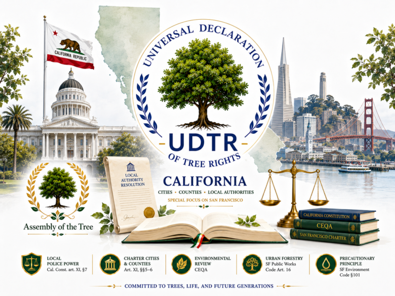 Universal Declaration of Tree Rights in California, with San Francisco, the California State Capitol, the Assembly of the Tree, CEQA and local-government legal references