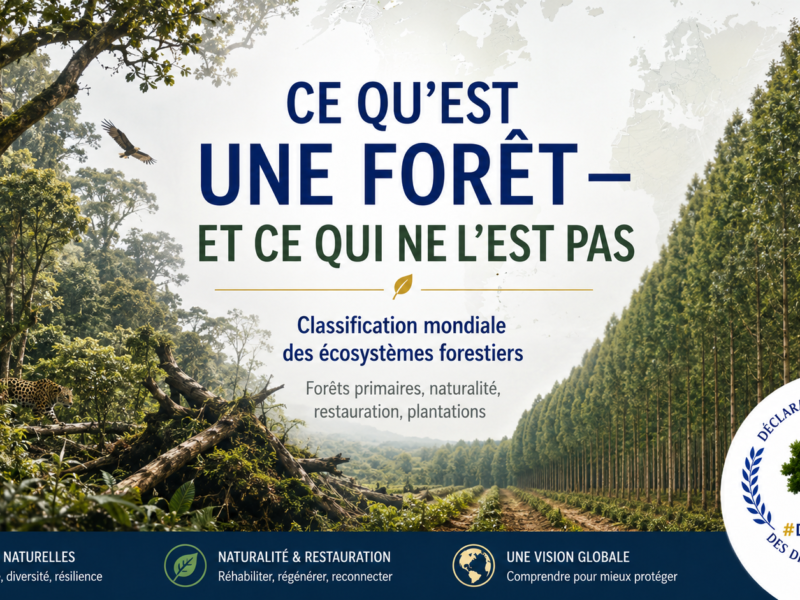 Forêt naturelle diversifiée opposée à une plantation arboricole régulière, illustrant la doctrine mondiale de la Déclaration universelle des droits de l’Arbre sur la définition des écosystèmes forestiers. Légende :