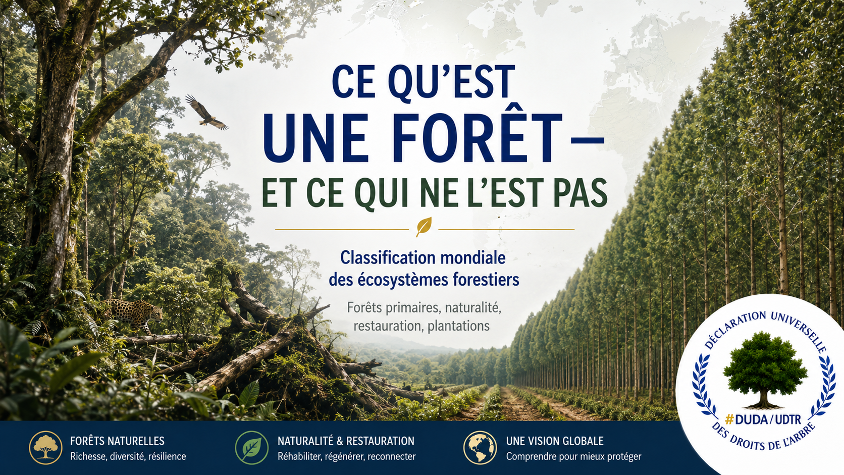 Forêt naturelle diversifiée opposée à une plantation arboricole régulière, illustrant la doctrine mondiale de la Déclaration universelle des droits de l’Arbre sur la définition des écosystèmes forestiers. Légende :