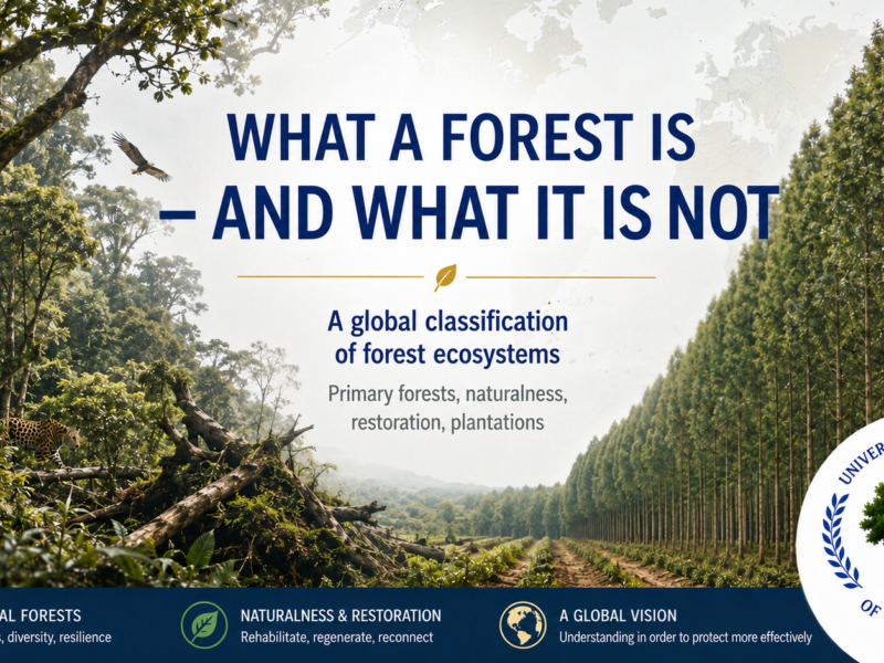 Natural forest ecosystem contrasted with a uniform production tree plantation, illustrating the foundational forest doctrine of the Universal Declaration of Tree Rights.