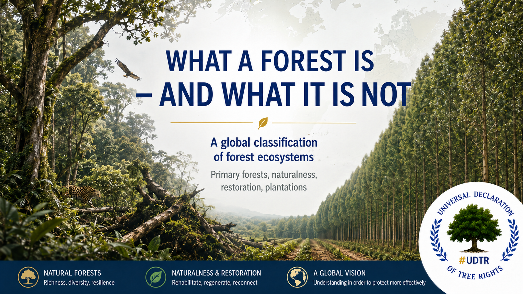 Natural forest ecosystem contrasted with a uniform production tree plantation, illustrating the foundational forest doctrine of the Universal Declaration of Tree Rights.