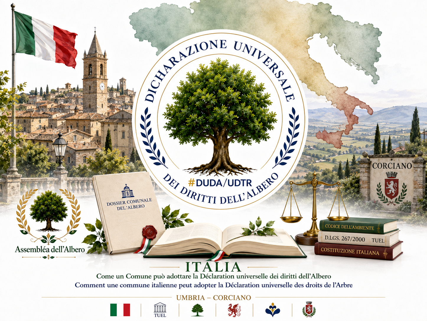Italia, Umbria e Corciano: quadro giuridico per l’adozione della Déclaration universelle des droits de l’Arbre e dei Quindici Impegni | Italie, Ombrie et Corciano : cadre juridique pour l’adoption de la Déclaration universelle des droits de l’Arbre et des Quinze Engagements