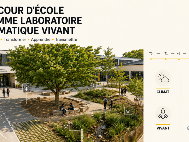 Illustration d’une cour d’école adaptée au climat et au vivant