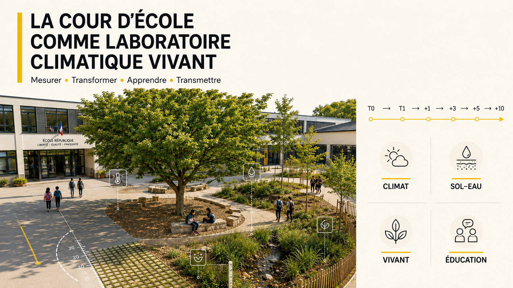 Illustration d’une cour d’école adaptée au climat et au vivant