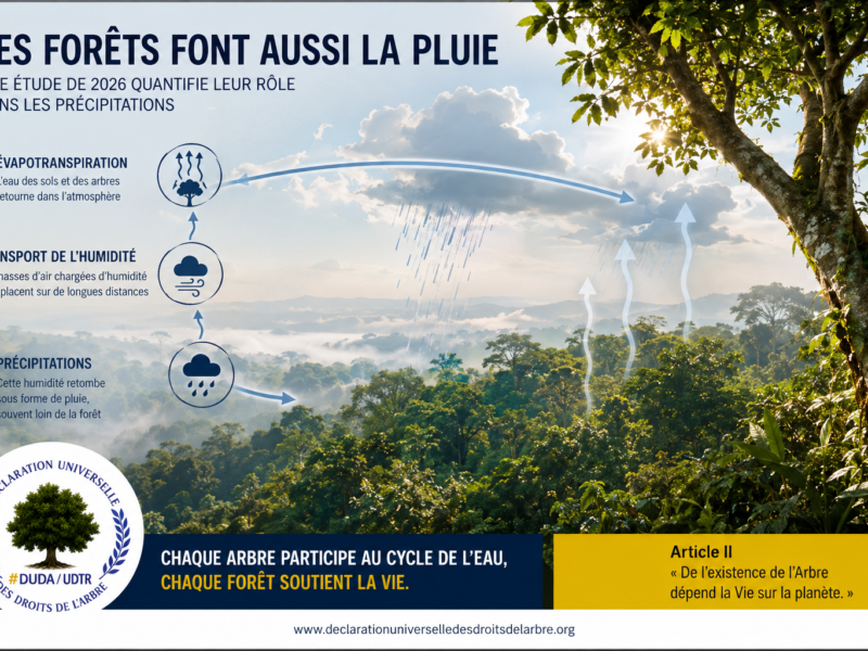Forêt tropicale sous les nuages illustrant l’évapotranspiration, le transport de l’humidité et les précipitations régionales.