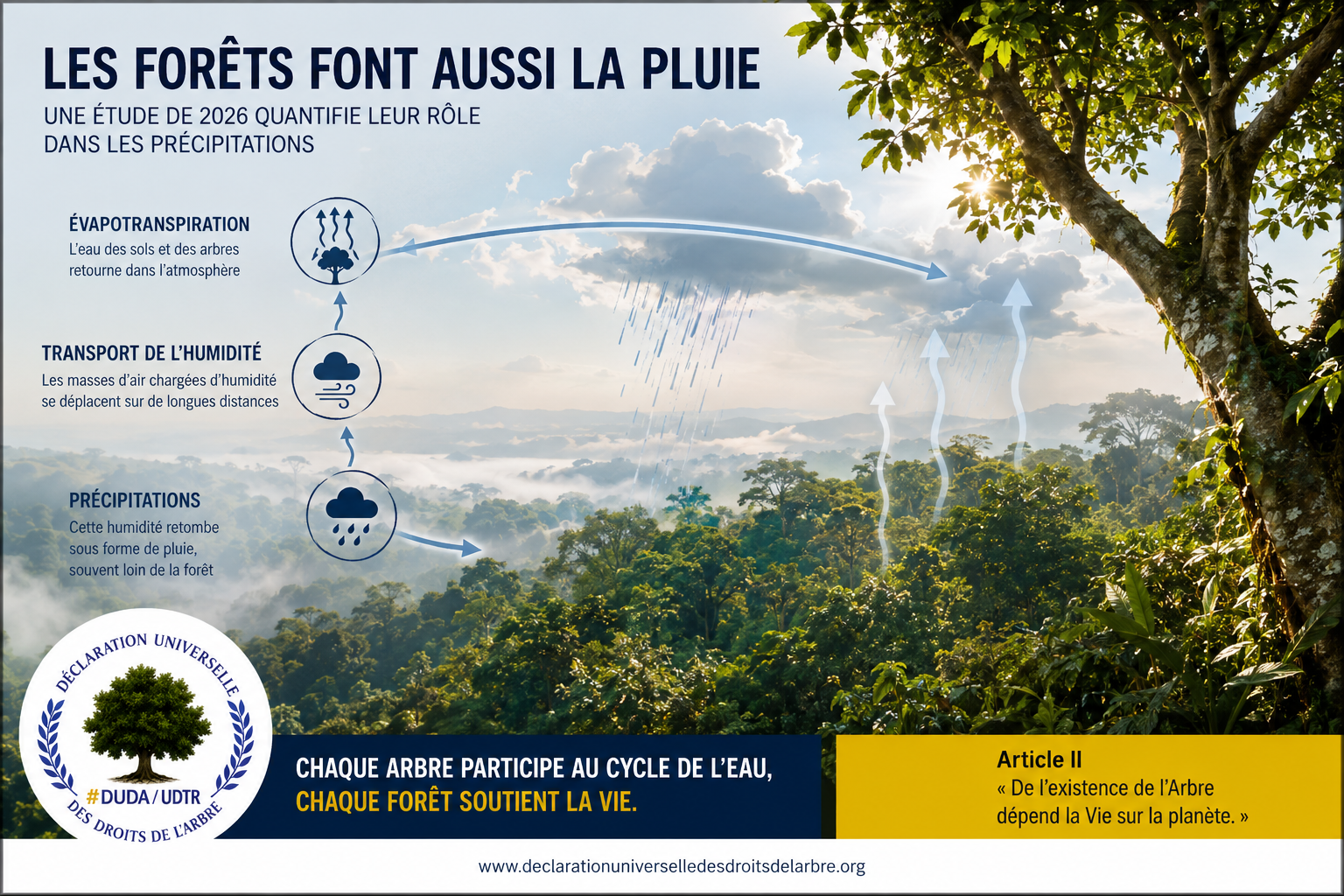 Forêt tropicale sous les nuages illustrant l’évapotranspiration, le transport de l’humidité et les précipitations régionales.