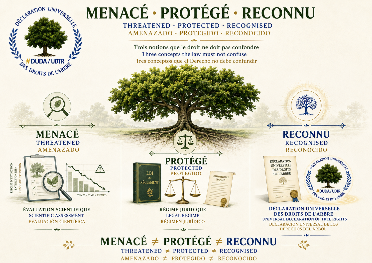 Infographie trilingue distinguant trois notions : espèce menacée, arbre juridiquement protégé et Arbre reconnu par la Déclaration universelle des droits de l’Arbre. Threatened species, legally protected tree and recognition under the Universal Declaration of Tree Rights. Especie amenazada, árbol jurídicamente protegido y reconocimiento en la Declaración Universal de los Derechos del Árbol.