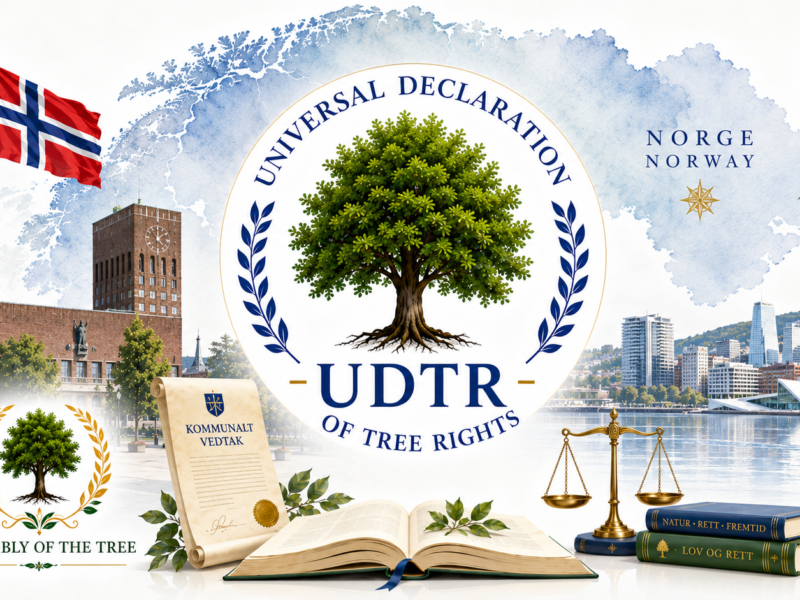 Illustrasjon om Universal Declaration of Tree Rights i Norge med norsk flagg, kart over Norge, Oslo rådhus, juridiske symboler, kommunalt vedtak og UDTR-emblemet.