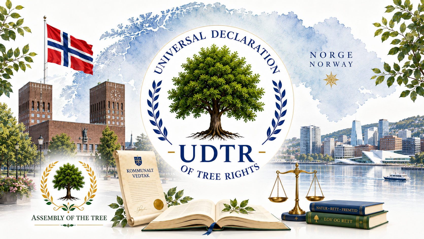 Illustrasjon om Universal Declaration of Tree Rights i Norge med norsk flagg, kart over Norge, Oslo rådhus, juridiske symboler, kommunalt vedtak og UDTR-emblemet.