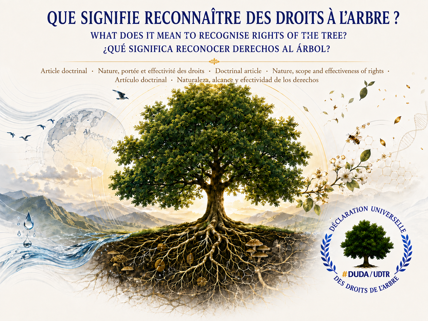 Illustration trilingue de l’article « Que signifie reconnaître des droits à l’Arbre ? » montrant un grand arbre et son système racinaire, associés aux dimensions biologiques, écologiques et juridiques de la Déclaration universelle des droits de l’Arbre.