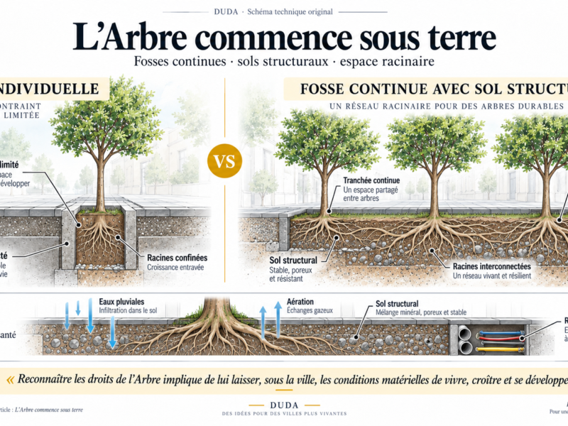 Schéma technique comparant une fosse individuelle à une fosse continue avec sol structural pour le développement racinaire des arbres urbains.
