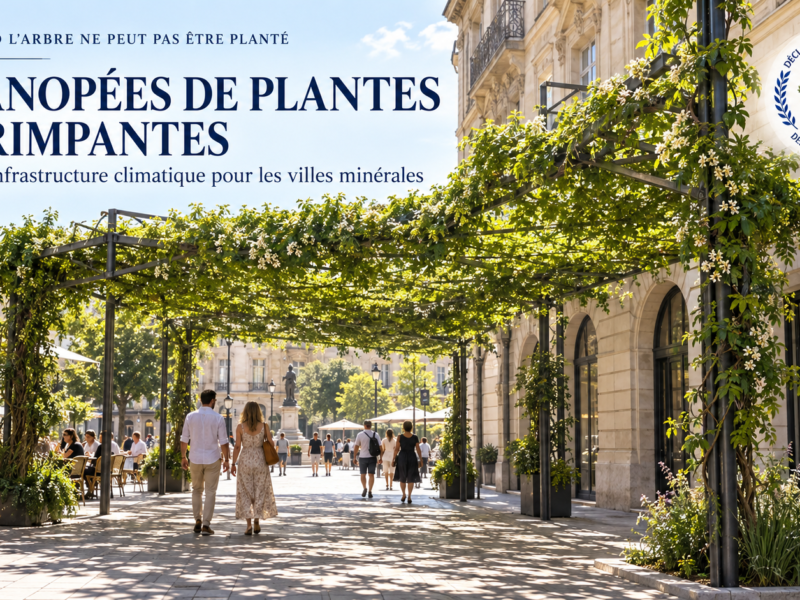 Illustration d’une rue minérale ombragée par une structure couverte de plantes grimpantes, avec le logo de la Déclaration universelle des droits de l’Arbre et le titre de l’article.