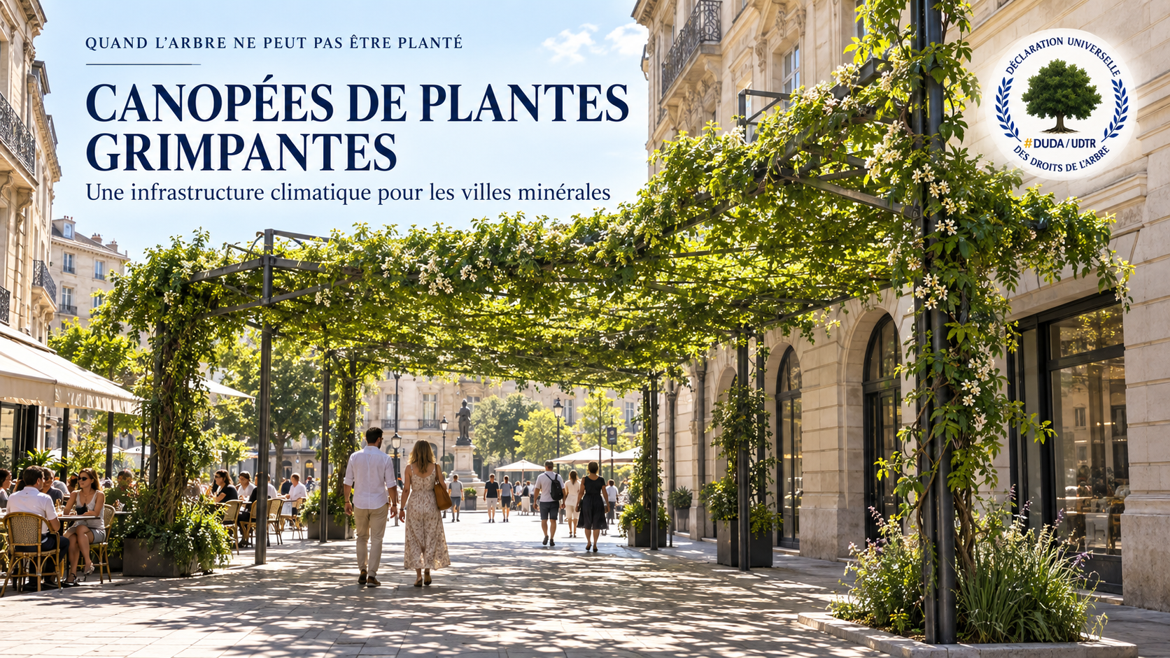 Illustration d’une rue minérale ombragée par une structure couverte de plantes grimpantes, avec le logo de la Déclaration universelle des droits de l’Arbre et le titre de l’article.