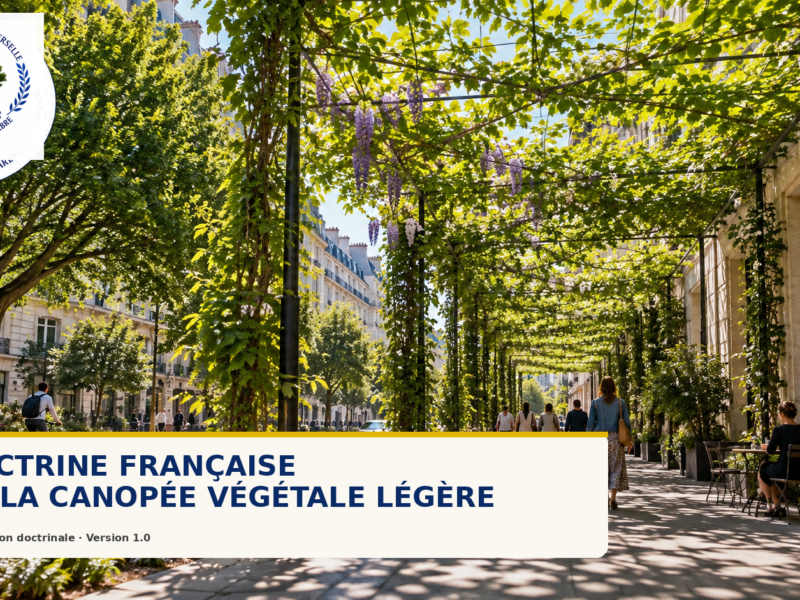 Canopée végétale légère de plantes grimpantes ombrageant un espace urbain, avec arbre mature et logo de la Déclaration universelle des droits de l’Arbre.