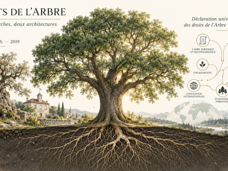 Illustration comparative montrant un grand arbre et son système racinaire, avec à gauche la dimension patrimoniale et municipale associée à A.R.B.R.E.S. et à droite l’architecture juridique, territoriale, internationale et scientifique de la Déclaration universelle des droits de l’Arbre.