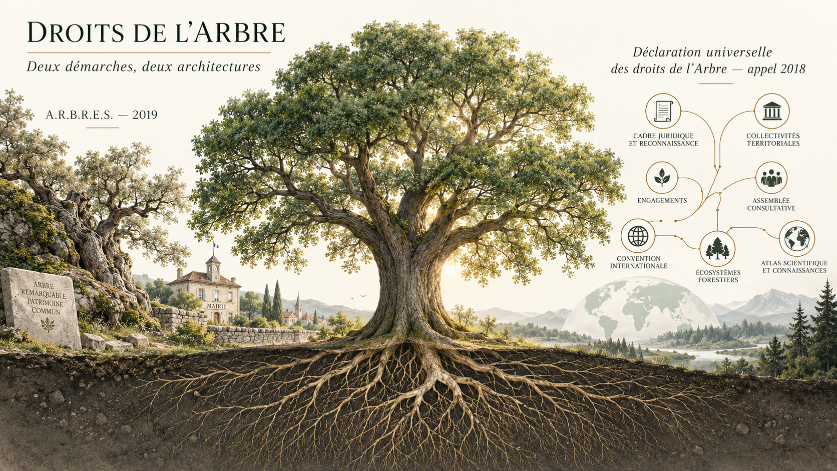 Illustration comparative montrant un grand arbre et son système racinaire, avec à gauche la dimension patrimoniale et municipale associée à A.R.B.R.E.S. et à droite l’architecture juridique, territoriale, internationale et scientifique de la Déclaration universelle des droits de l’Arbre.
