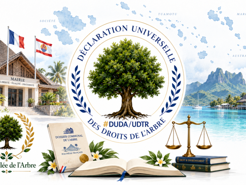 Illustration institutionnelle de la Déclaration universelle des droits de l’Arbre pour la Polynésie française, avec emblème central autour d’un arbre, mairie polynésienne, drapeaux français et polynésien, lagon, montagne, livre ouvert, dossier communal de l’Arbre et balance de la justice.