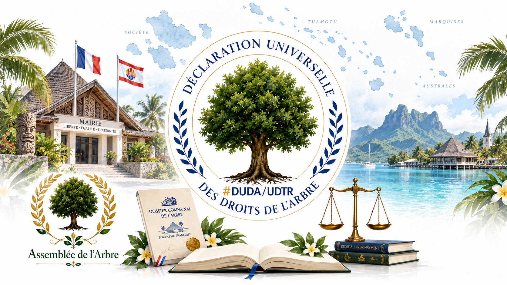 Illustration institutionnelle de la Déclaration universelle des droits de l’Arbre pour la Polynésie française, avec emblème central autour d’un arbre, mairie polynésienne, drapeaux français et polynésien, lagon, montagne, livre ouvert, dossier communal de l’Arbre et balance de la justice.