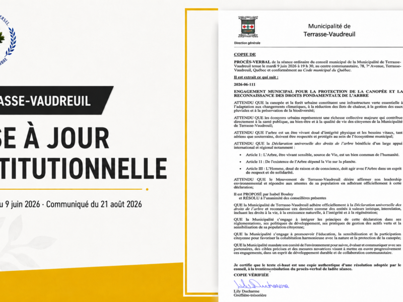 Mise à jour institutionnelle sur Terrasse-Vaudreuil avec la résolution municipale no 2026-06-111 du 9 juin 2026.