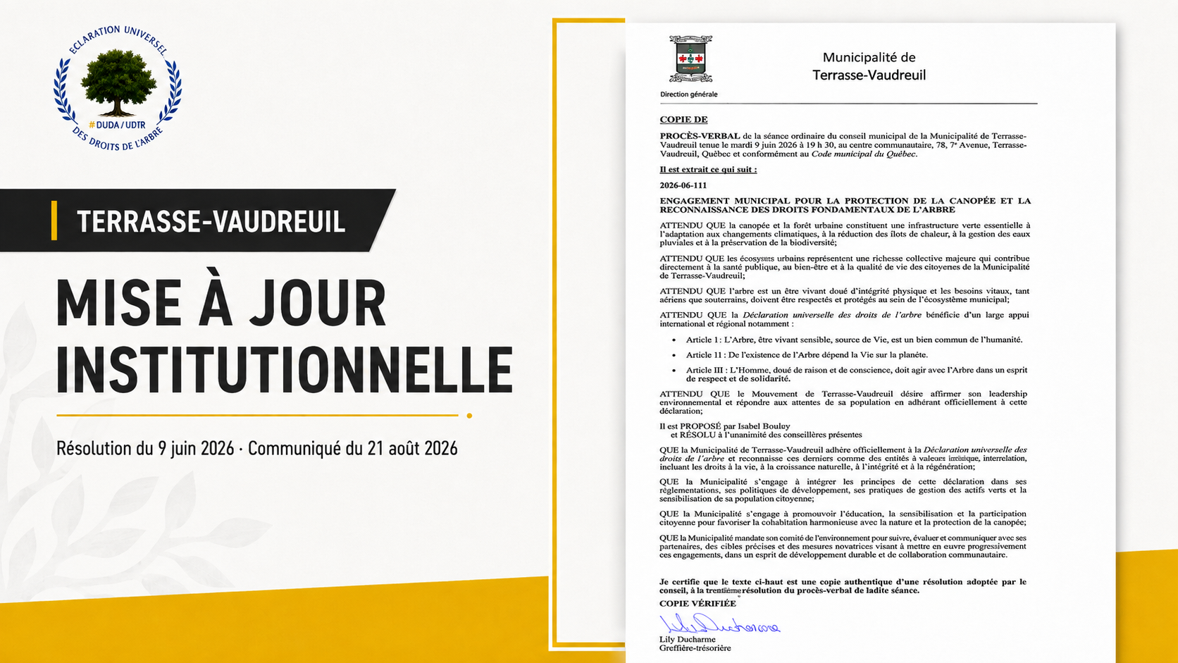 Mise à jour institutionnelle sur Terrasse-Vaudreuil avec la résolution municipale no 2026-06-111 du 9 juin 2026.