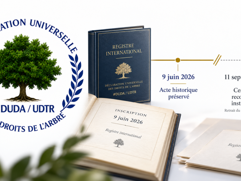 Illustration du retrait de Terrasse-Vaudreuil du Registre international de la Déclaration universelle des droits de l’Arbre, avec le logo officiel et les dates du 9 juin et du 11 septembre 2026.