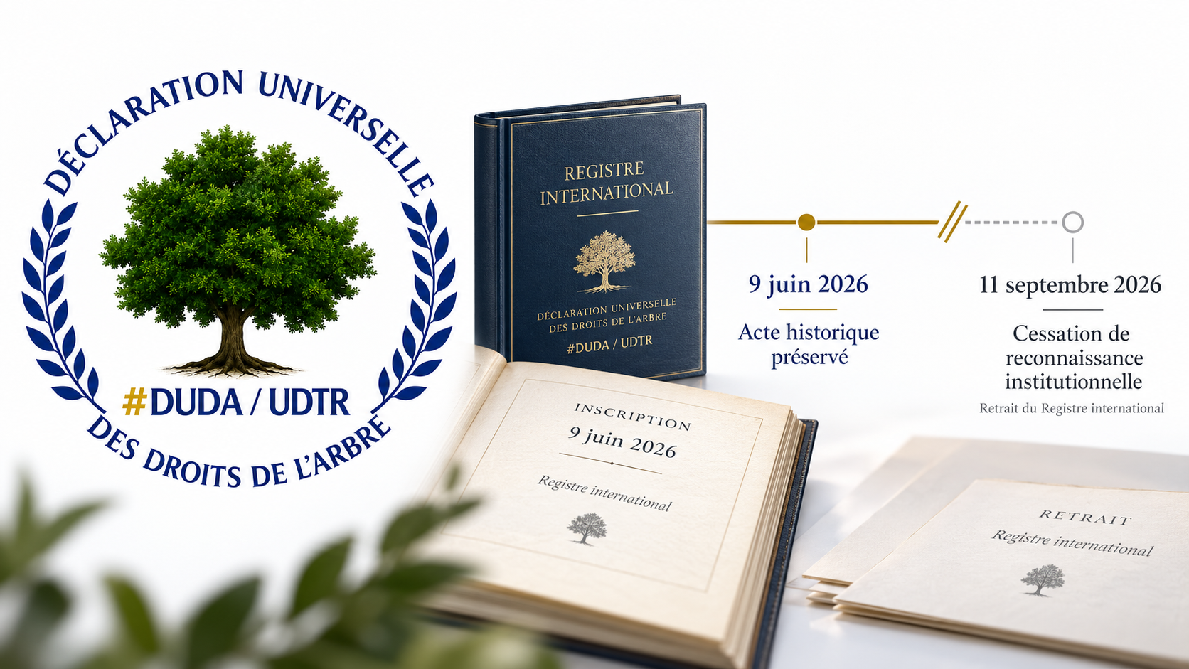 Illustration du retrait de Terrasse-Vaudreuil du Registre international de la Déclaration universelle des droits de l’Arbre, avec le logo officiel et les dates du 9 juin et du 11 septembre 2026.