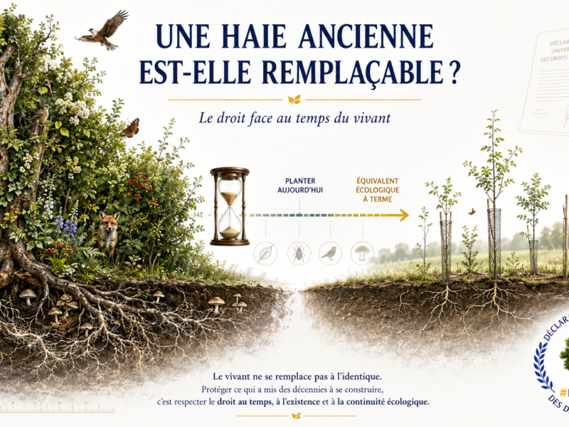 Illustration comparant une haie ancienne riche en biodiversité à une jeune haie replantée, montrant le temps nécessaire à l’équivalence écologique, avec le logo officiel DUDA/UDTR.