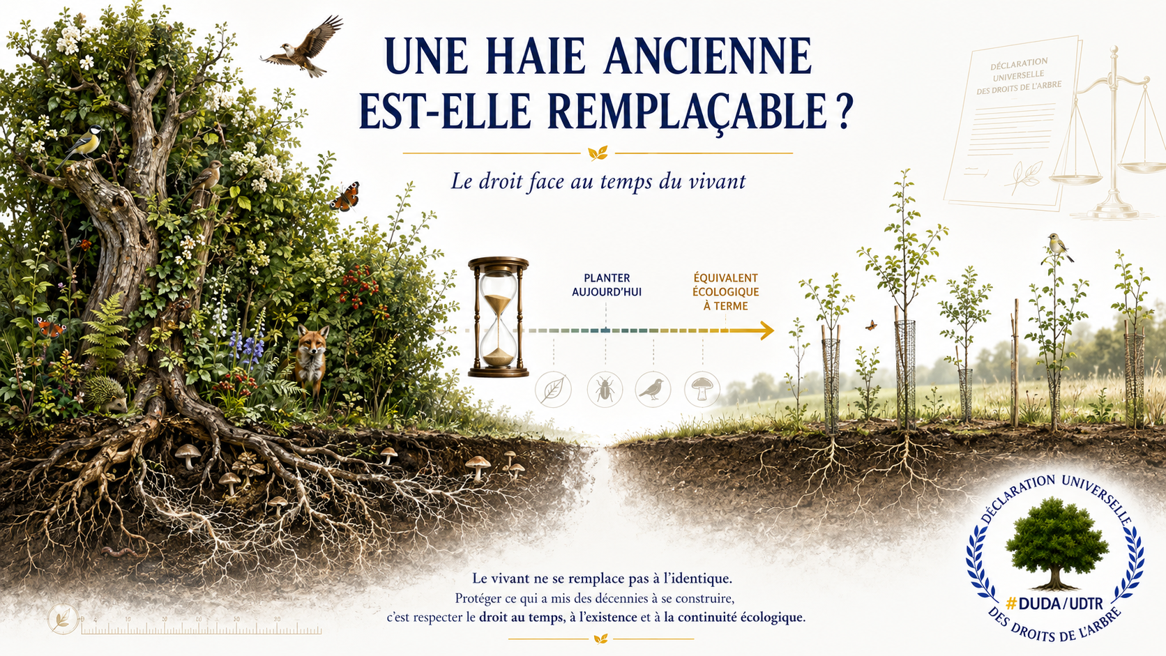Illustration comparant une haie ancienne riche en biodiversité à une jeune haie replantée, montrant le temps nécessaire à l’équivalence écologique, avec le logo officiel DUDA/UDTR.